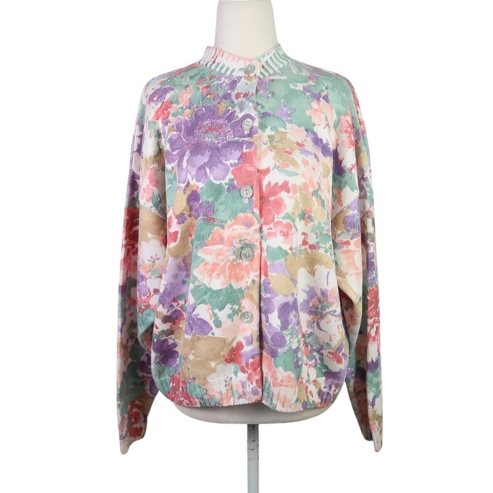 Vintage 90s James River Traders pastel floral print cotton cardigan sweater L